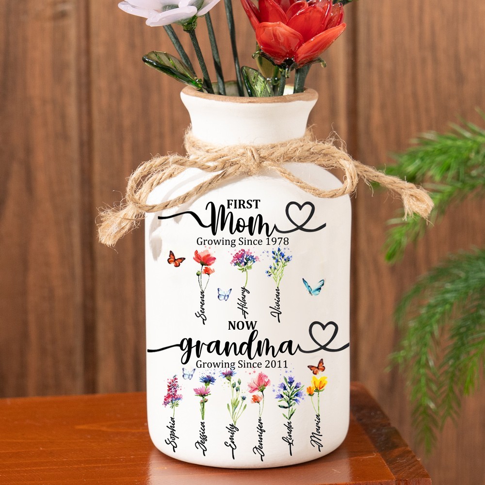 Personalized Birth Flower Vase with Glass Flower Mother's Day Gift Keepsake Gift For Mom/Grandma
