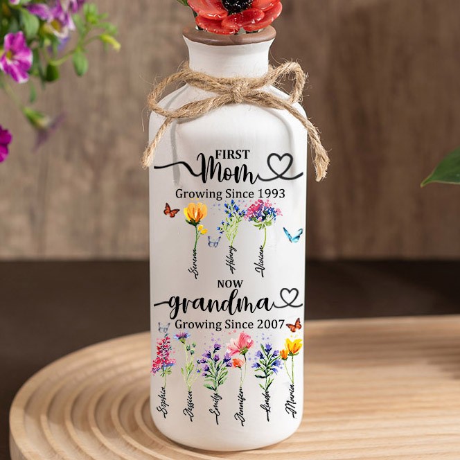 Personalized Birth Flower Vase with Glass Flower Mother's Day Gift Keepsake Gift For Mom/Grandma
