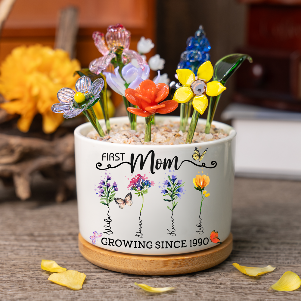 Custom Birth Flower Pot with Mini Glass Flower Keepsake Gift Mother's Day Gift