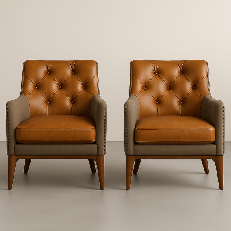 Paire de fauteuils en cuir synthétique et tissu marron/brun