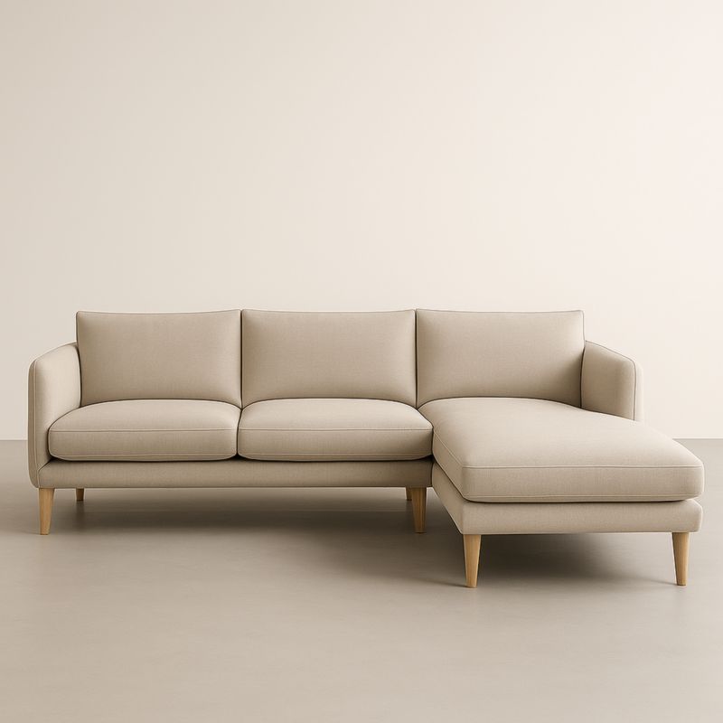 Canapé d'angle tissu polyester beige pieds en bois massif