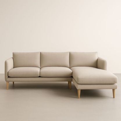 Canapé d'angle tissu polyester beige pieds en bois massif