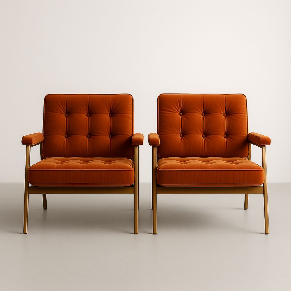 Paire de fauteuils en velours orange avec structure en métal 80 cm x 85 cm x 75 cm