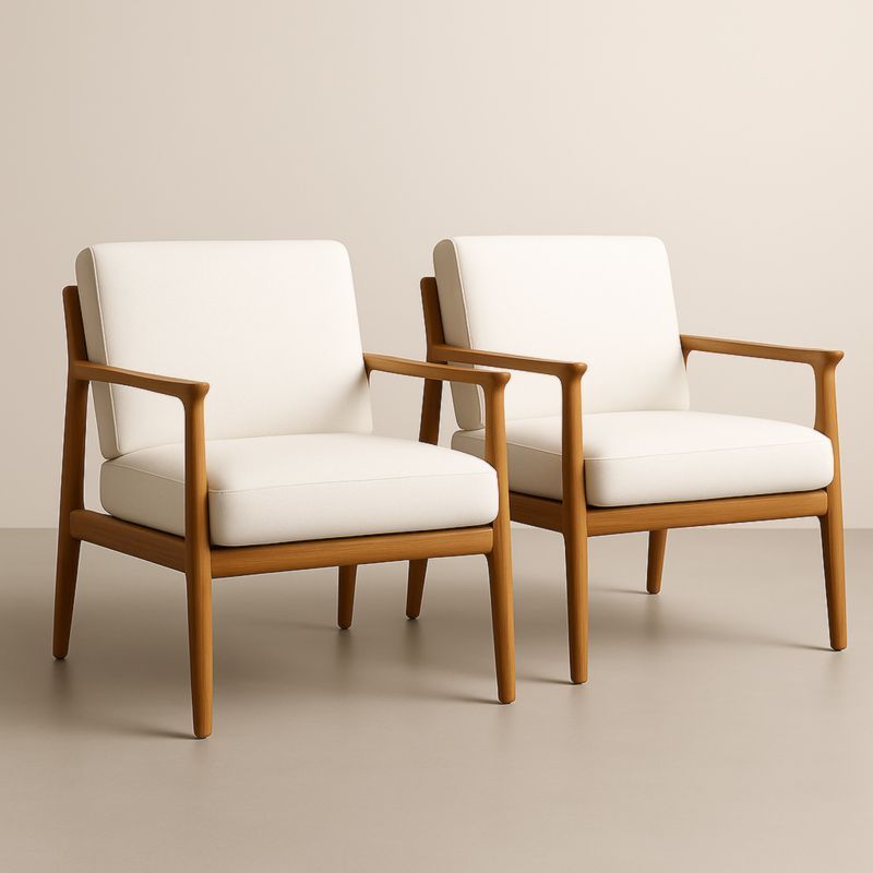 Lot de 2 fauteuils en bois massif et tissu beige