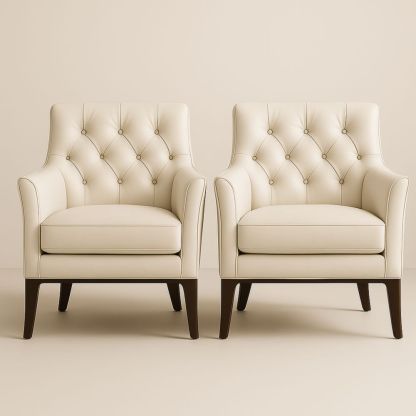 Paire de fauteuils en cuir beige avec structure en bois