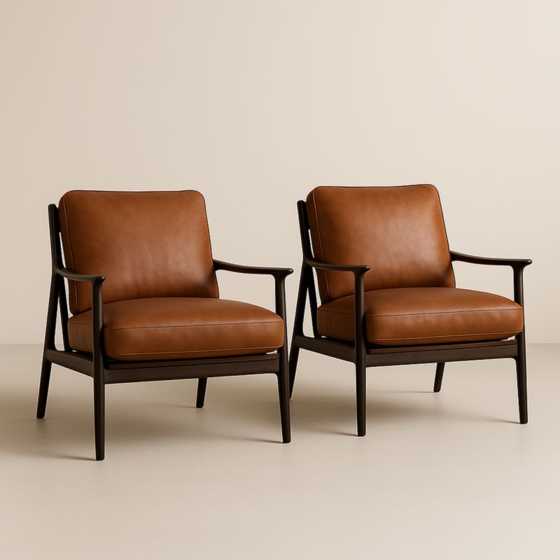 Lot de 2 fauteuils en cuir synthétique brun cadre en bois massif