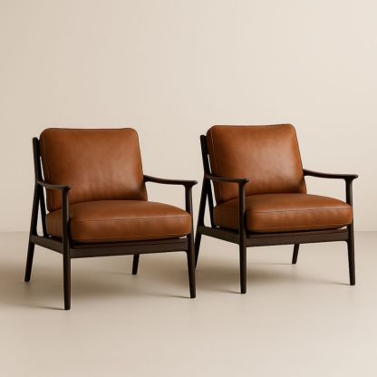 Lot de 2 fauteuils en cuir synthétique brun cadre en bois massif