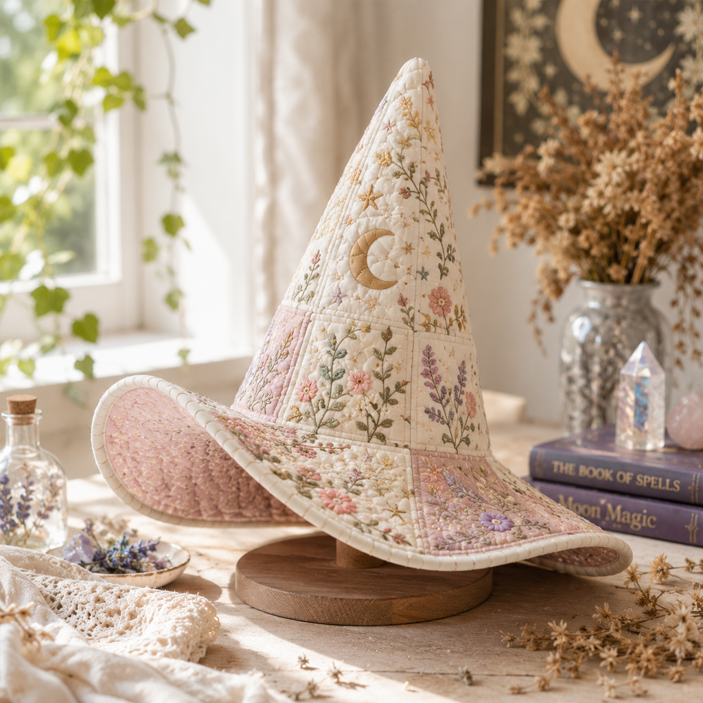 Floral Quilted Witch Hat for Women Soft Padded Cottagecore Halloween Costume Hat with Moon & Botanical Design