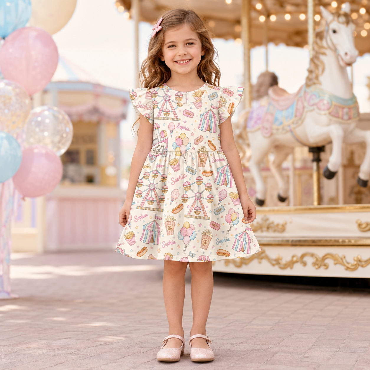 Personalized Pastel Carousel Horses Balloons Bows Fairytale Princess Theme Birthday Party Twirl Coquette Ruffle Dress