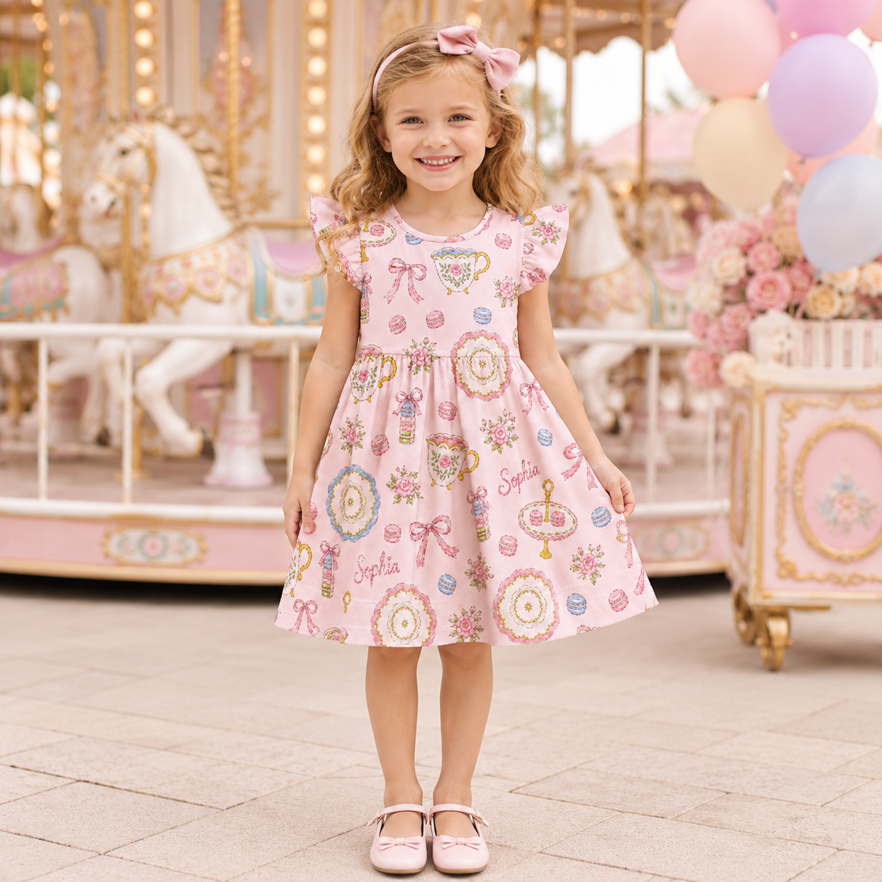 Personalized Princess Tea Party Teapots Cupcakes Crowns Castles Pink Pastel Fairytale Birthday Twirl Coquette Ruffle Dress