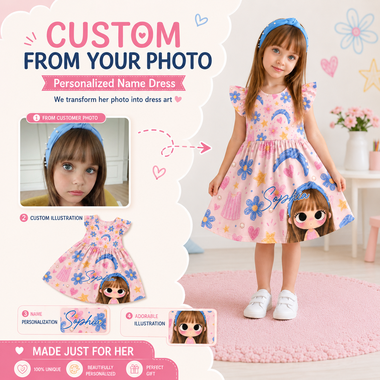 Personalized Custom Photo Cartoon Portrait Stars Hearts Rainbow Pastel Birthday Party Twirl Coquette Ruffle Dress