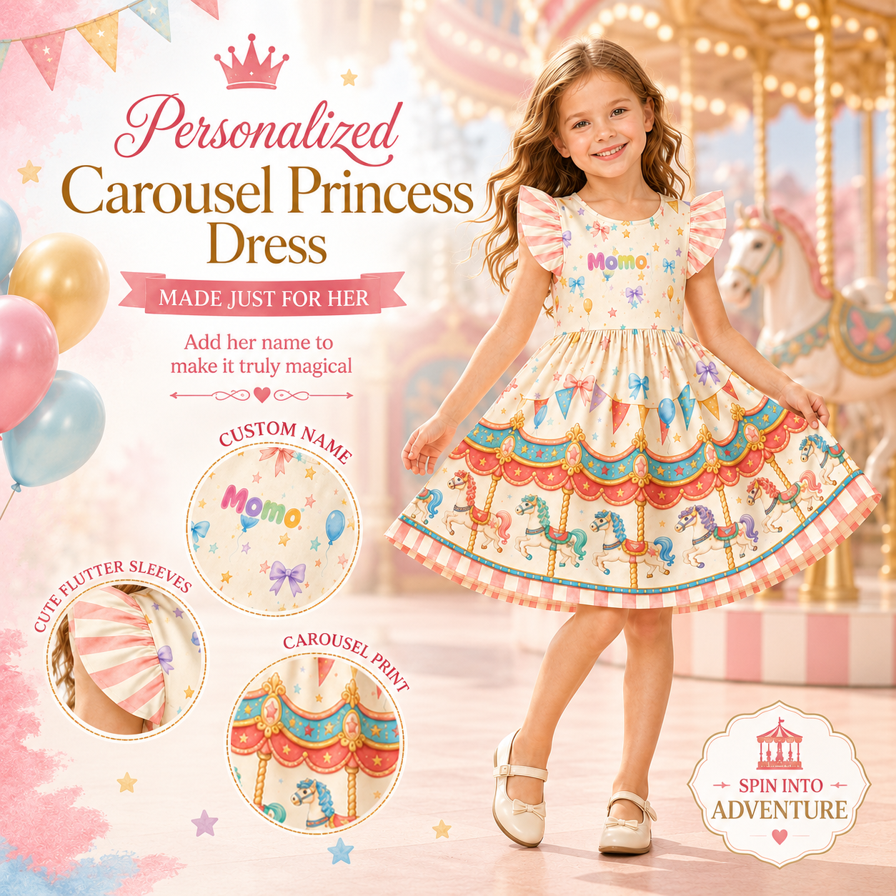 Personalized Pastel Carousel Horses Bows Hearts Stars Princess Fairytale Birthday Party Coquette Ruffle Dress