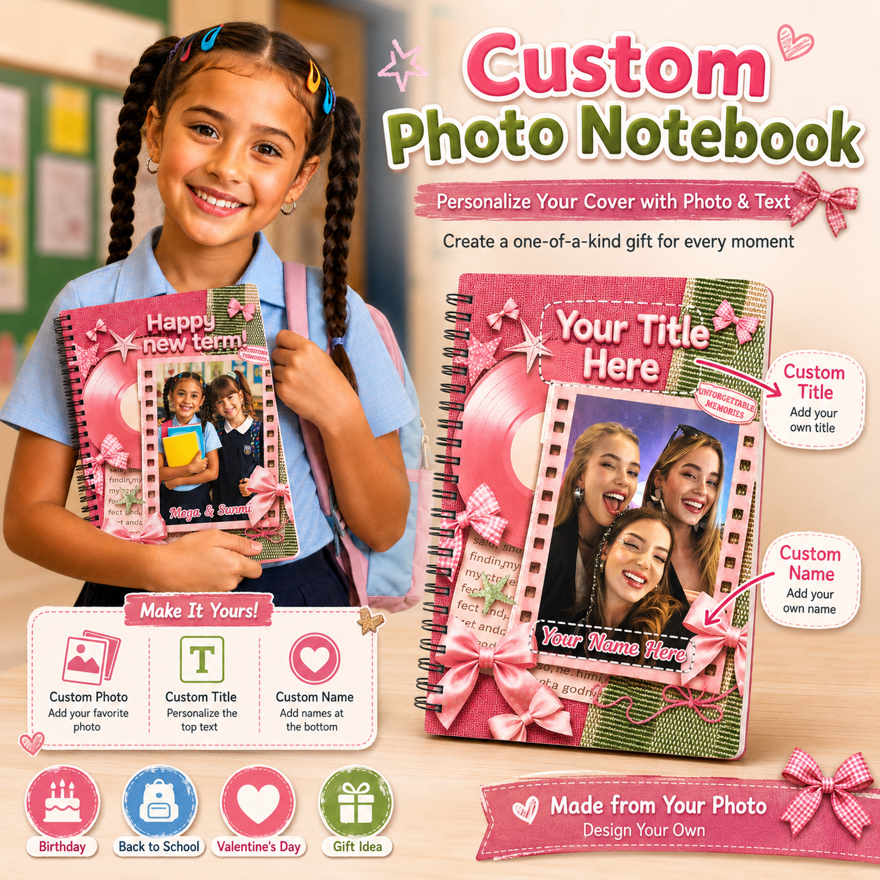 Personalized Photo Collage Pink Confetti Celebration Memory Journal Gift For Girls Spiral Notebook