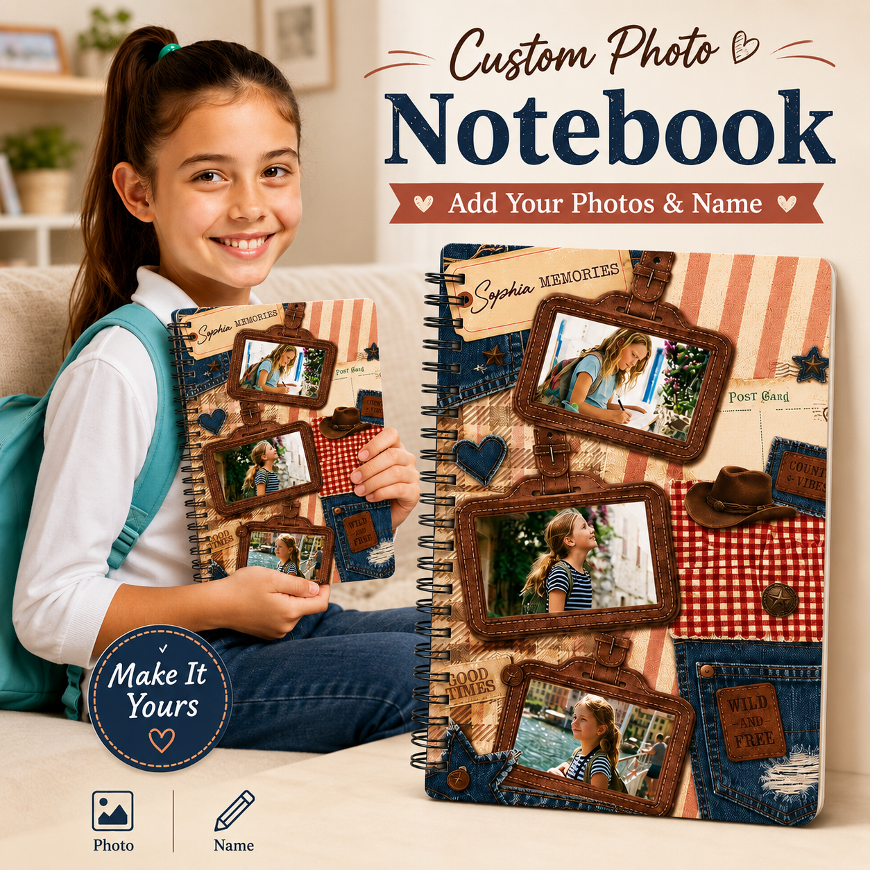 Personalized Vintage Memory Collage Rustic Frames Americana Patterns Custom Photo Journal Gift Spiral Notebook
