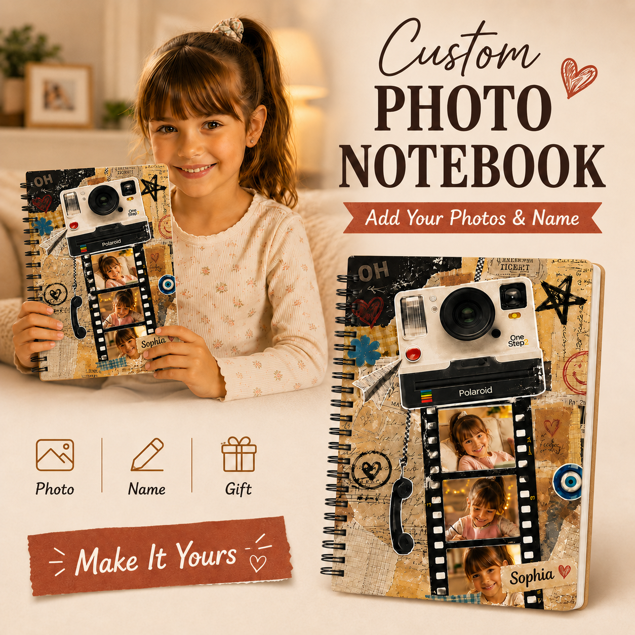Personalized Retro Camera Film Strip Scrapbook Style Custom Photo Collage Vintage Travel Memory Journal Gift Spiral Notebook