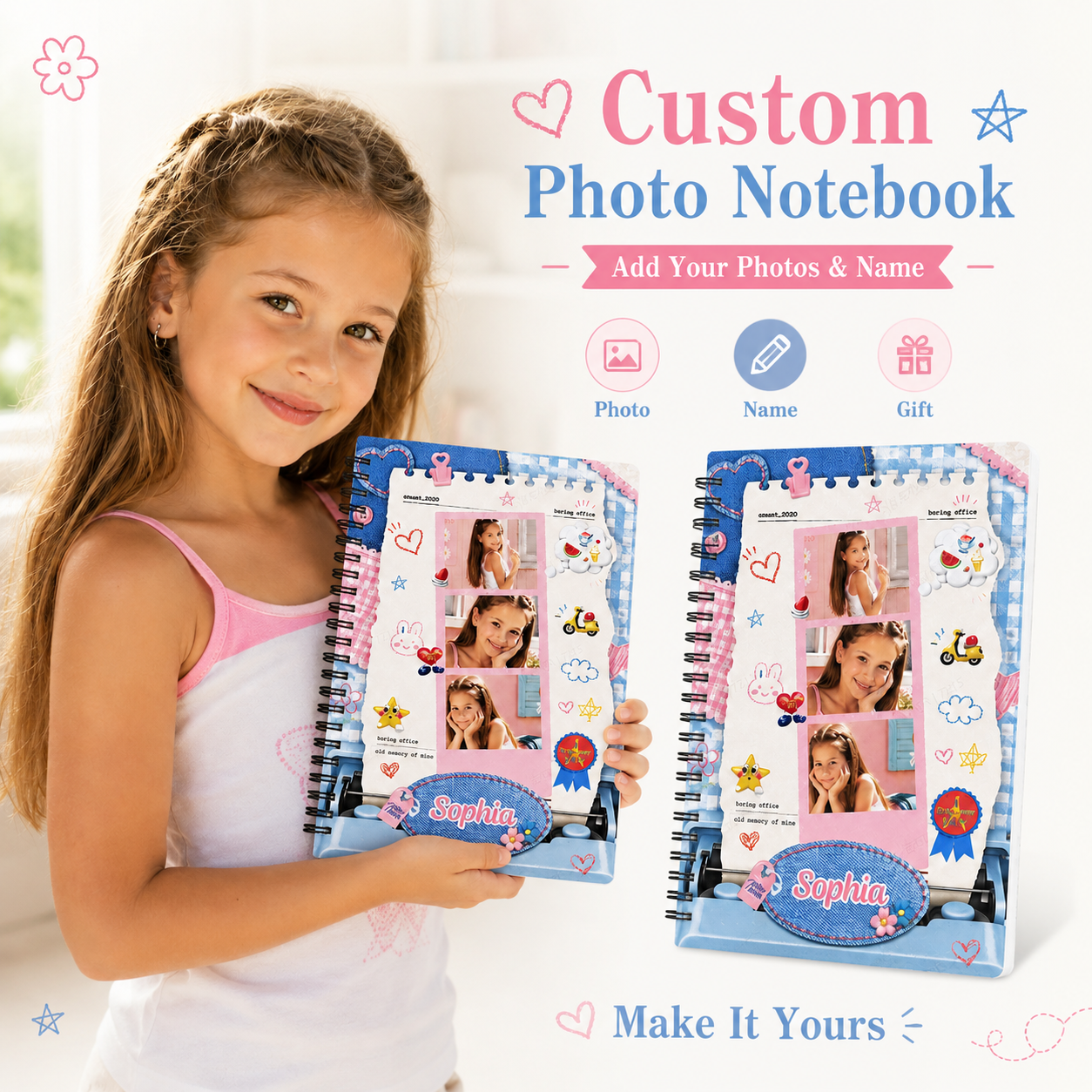 Personalized Cute Kids Photo Collage Fun Doodle Style Cartoon Icons School Memory Journal Gift Spiral Notebook