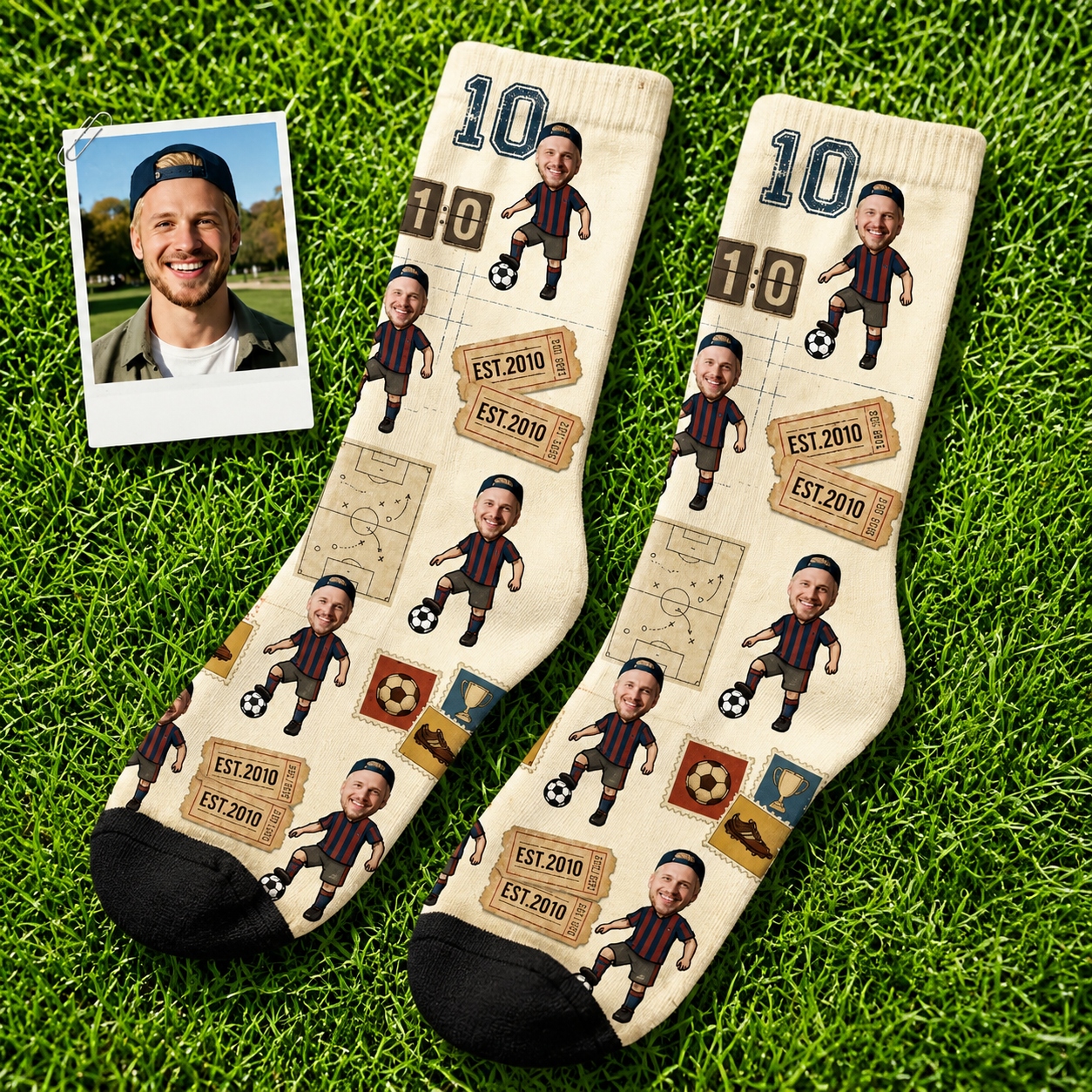 Personalized Soccer Player Photo Socks with Custom Face, Jersey Number and EST Year Design