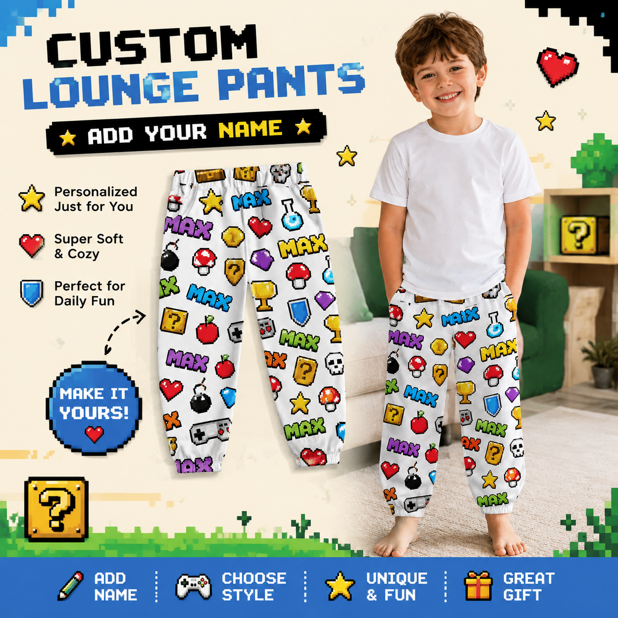 Personalized Colorful Cartoon Smiley Face Fun Elastic Waist Toddler Kids Casual Lounge Sweatpants Design