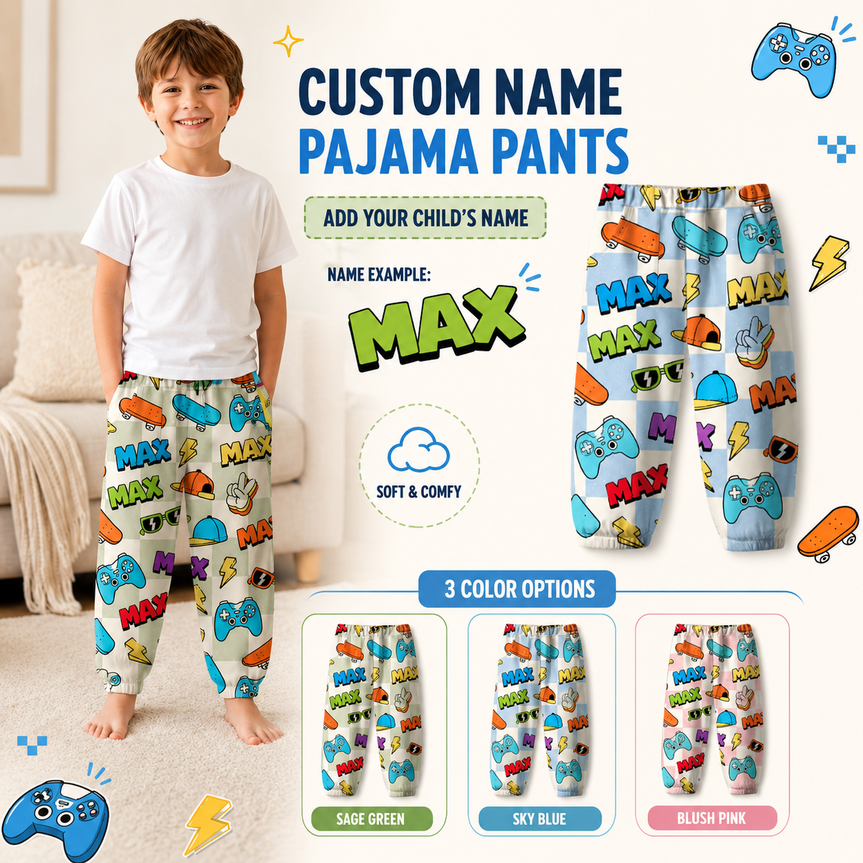 Personalized Colorful Cartoon Cars Trucks Vehicles Boys Elastic Waist Toddler Kids Casual Play Sweatpants Design