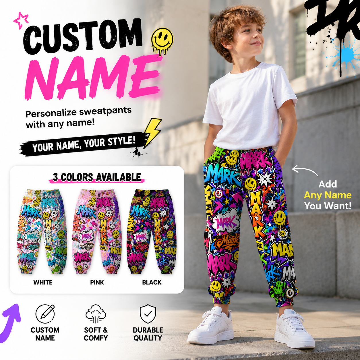 Personalized Custom Name Colorful Graffiti Street Art Neon Smile Pattern Boys Elastic Waist Kids Jogger Sweatpants Design