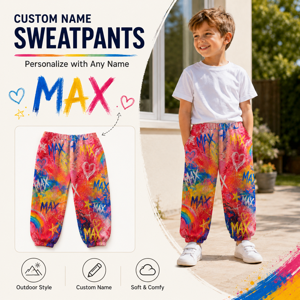 Personalized Colorful Tie Dye Rainbow Name Print Boys Girls Elastic Waist Toddler Kids Jogger Sweatpants Design