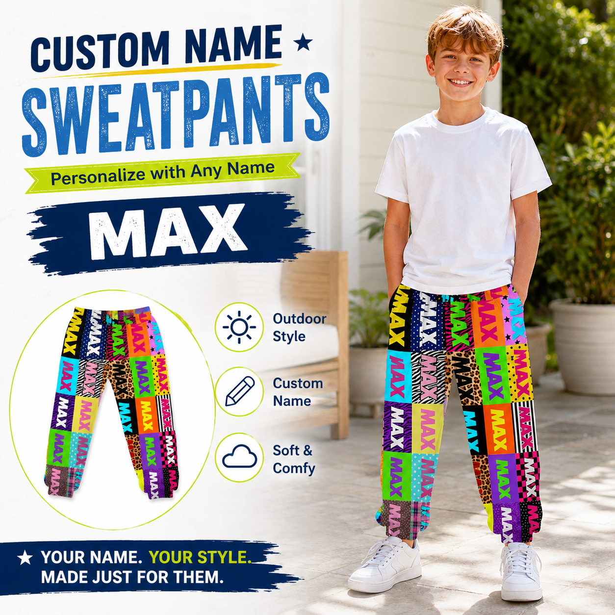 Personalized Colorful Block Letter Name Print Neon Squares Boys Girls Elastic Waist Kids Jogger Sweatpants Design