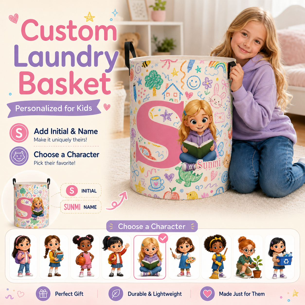 Personalized Girl and Boy Initial Laundry Basket Kids Room Storage Bin Cute Kids Alphabet Toy Organizer For Nursery And Bedroom