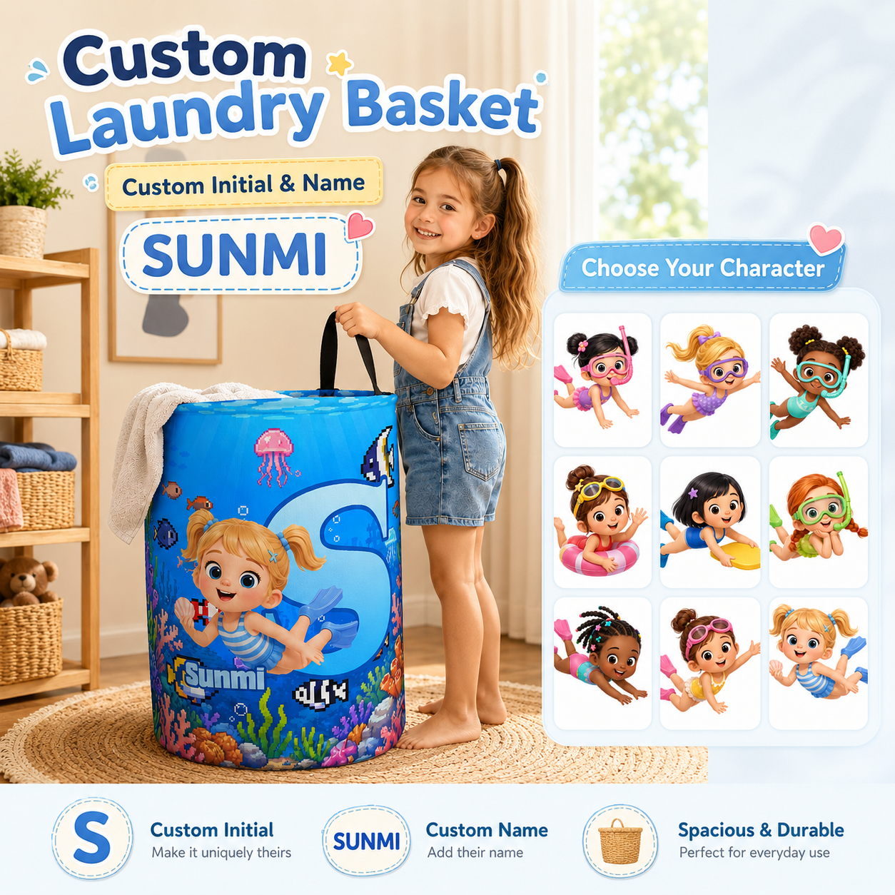 Personalized Kid Initial Laundry Basket Ocean Underwater Scuba Diver Kids Room Storage Bin Toy Clothes Organizer For Nursery Bedroom