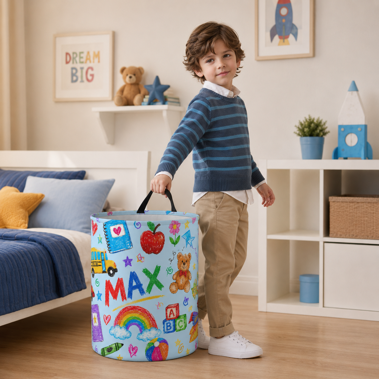 Personalized Back To School Laundry Basket Kids Room Storage Bin Colorful Crayons Bus Rainbow Books Name Toy Organizer For Bedroom