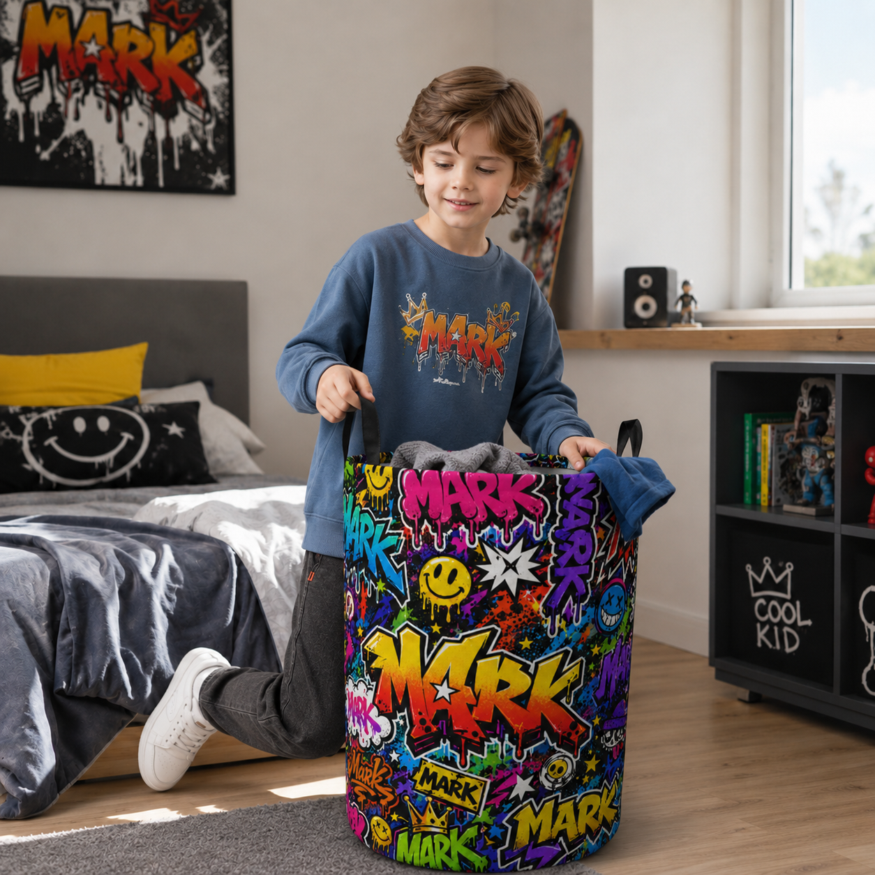 Personalized Graffiti Name Laundry Basket Teen Room Storage Bin Colorful Street Art Smiley Cool Kid Clothes Toy Organizer
