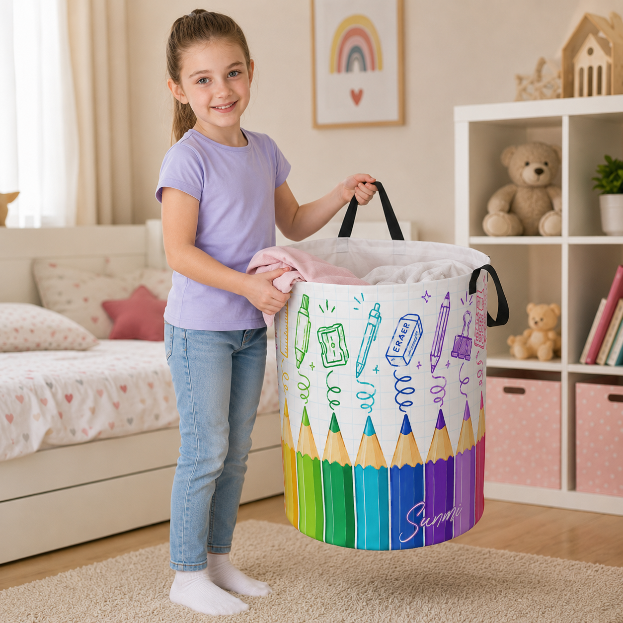Personalized Rainbow Pencil Laundry Basket Kids Room Storage Bin Colorful Crayon School Supplies Name Toy Clothes Organizer