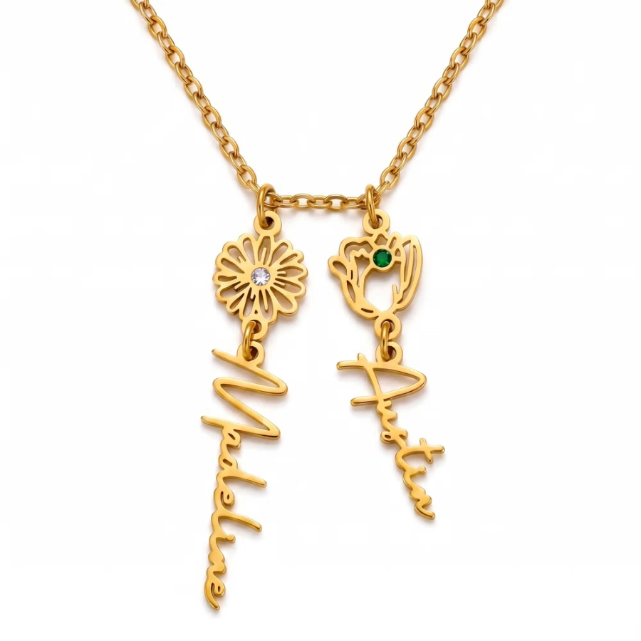 Custom Birth Flower Name Charm Chain Multi-Use Bracelet & Car Steering Wheel Decor, Adjustable Stainless Steel Personalized Jewelry
