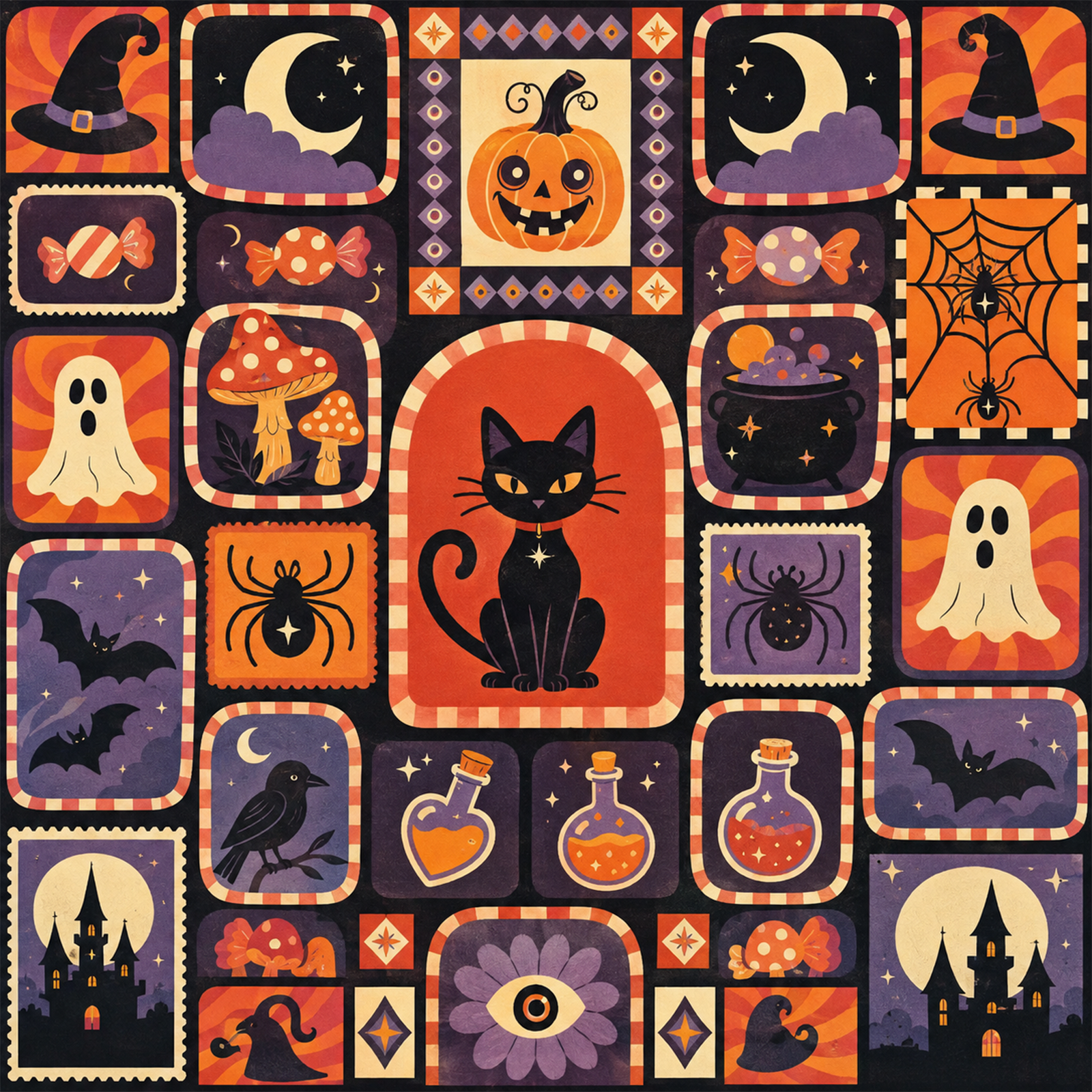 Retro Halloween Patchwork Mahjong Mat Vintage Black Cat & Spooky Icon Grid Design Square Game Table Pad for Mahjong & Cards