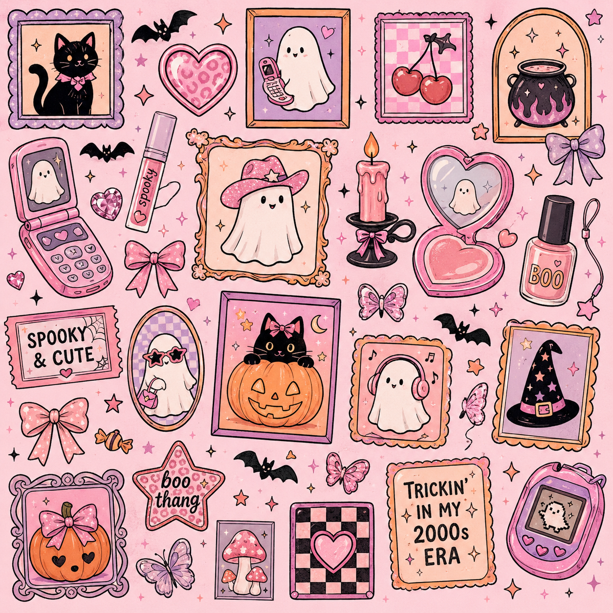 Pink Y2K Halloween Mahjong Mat Spooky & Cute" 2000s Retro Ghost & Black Cat Sticker Collage Square Game Table Pad