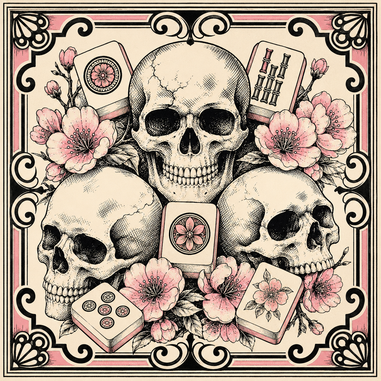 Skull & Mahjong Tile Mahjong Mat Gothic Engraving Style with Cherry Blossoms Dark Floral Square Game Table Pad