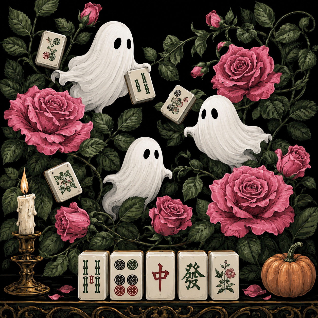 Gothic Ghost & Roses Mahjong Mat Dark Floral Halloween Design with Mahjong Tiles & Spirits Square Game Table Pad