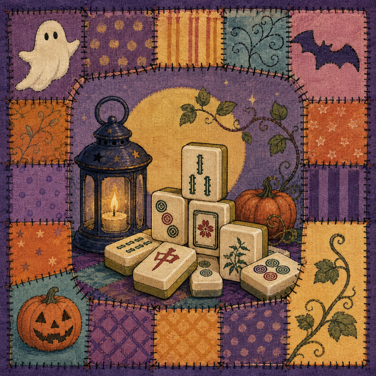 Halloween Patchwork Quilt Mahjong Mat Cozy Folk Art Design with Mahjong Tiles Lantern & Moonlight Square Game Table Pad