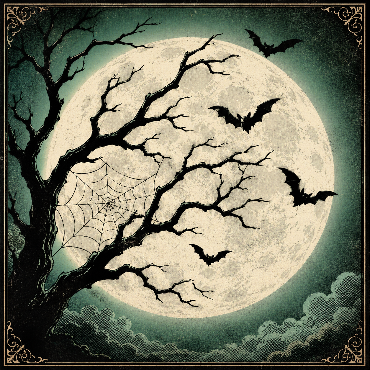 Full Moon & Bats Mahjong Mat Vintage Gothic Halloween Night Design with Dead Tree & Spiderweb Dark Art Square Game Table Pad