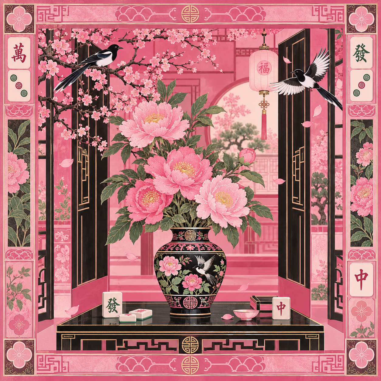 Pink Peony Mahjong Mat Oriental Blossom Edition