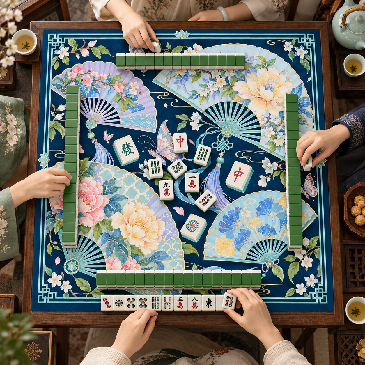 New Chinese Style Floral Shadow Folding Fan Mahjong Mat