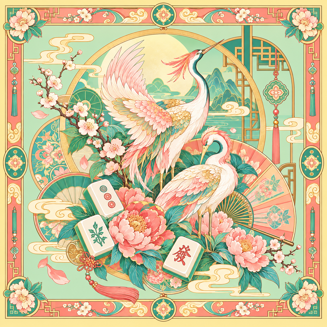 Traditional Style Crane and Peony Mahjong Mat