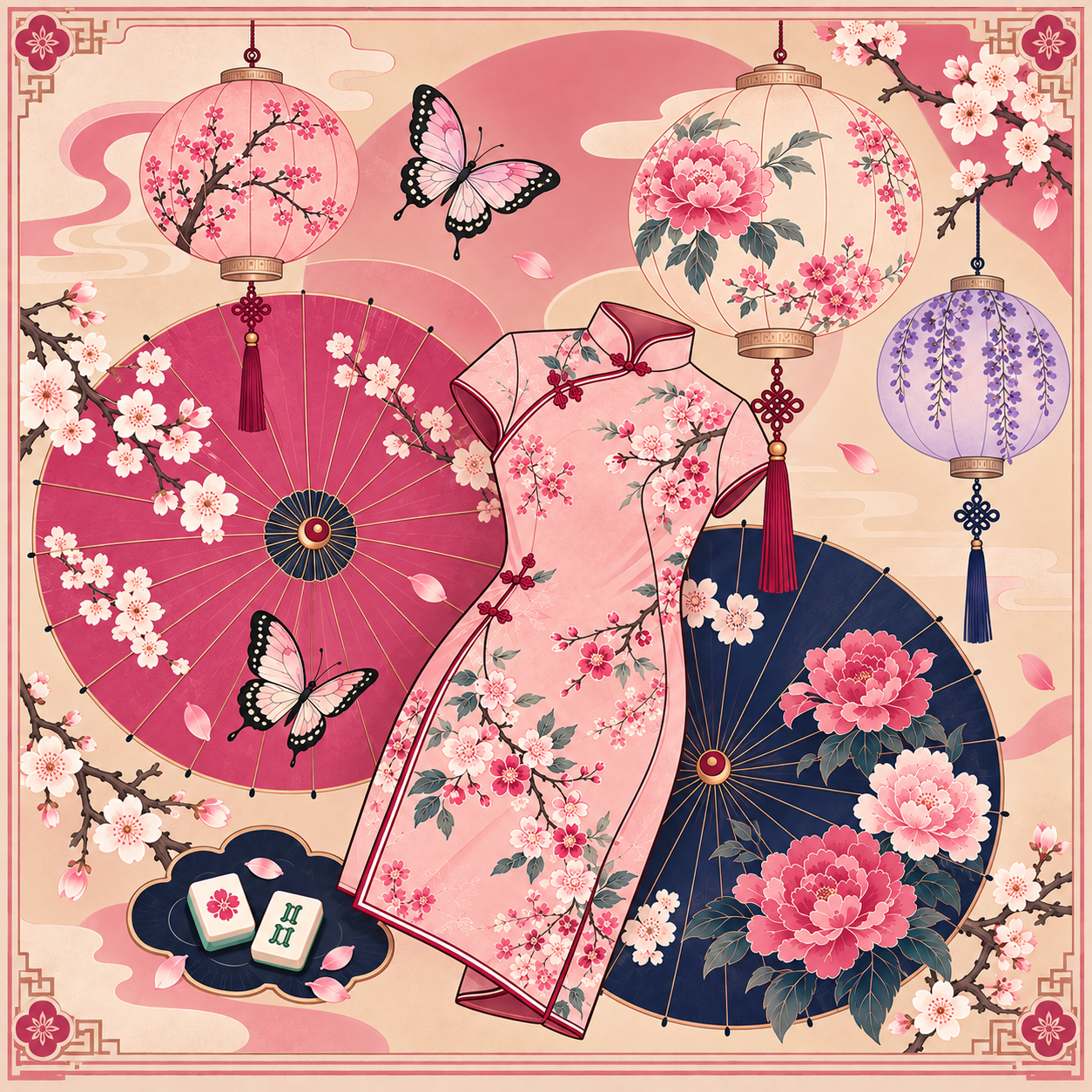 Cherry Blossom & Japanese Style Qipao Mahjong Mat