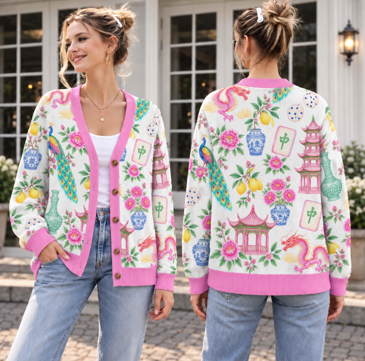 Retro Mahjong Cardigan Wool Sweater, Chinoiserie Tile Pattern Knitwear, Asian Art Game Night Outfit, Aesthetic Pink Mahjong Lover Gift