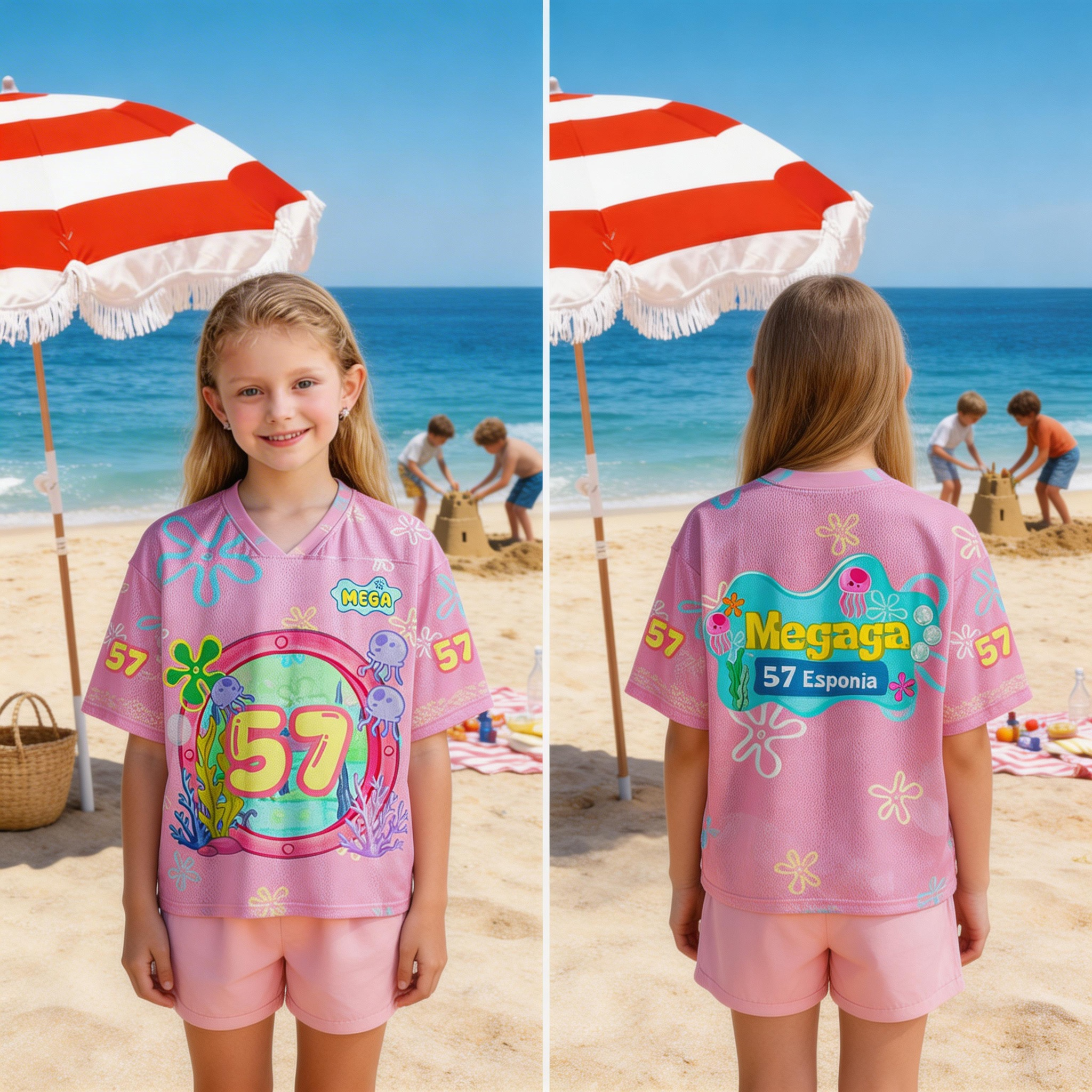 Personalized Kids and Aldult Summer Beach Outfit Set Cute Cartoon Ocean Theme Number Sports Jersey Top