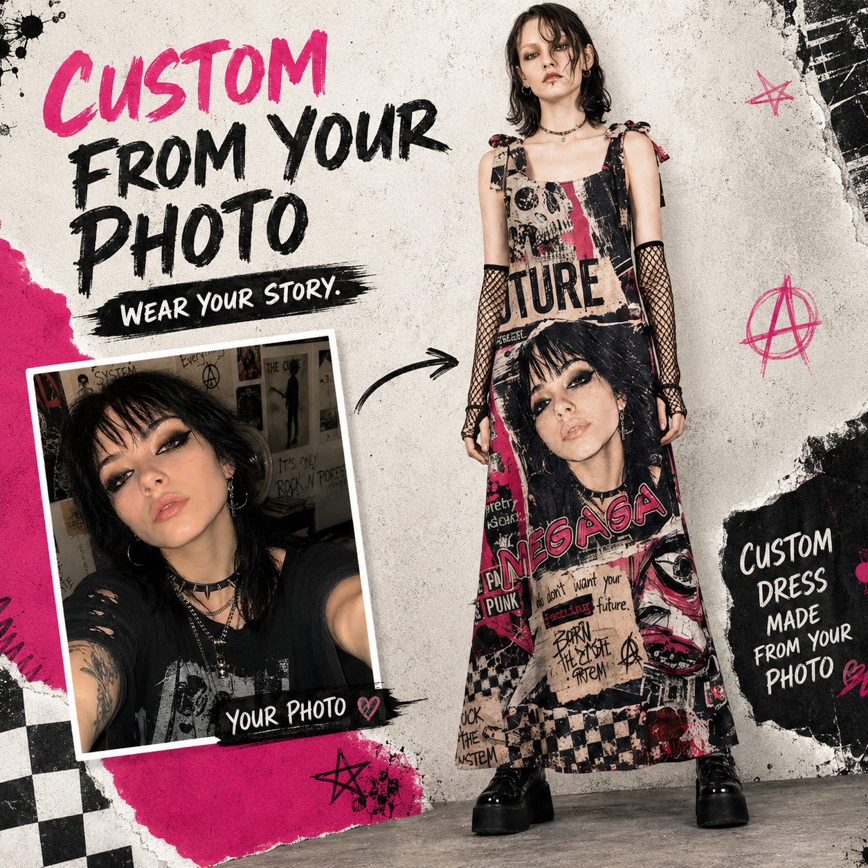 Personalized Grunge Punk Maxi Dress Collage Print Custom Photo and Name Bow Strap Rock Graphic Flowy Dress