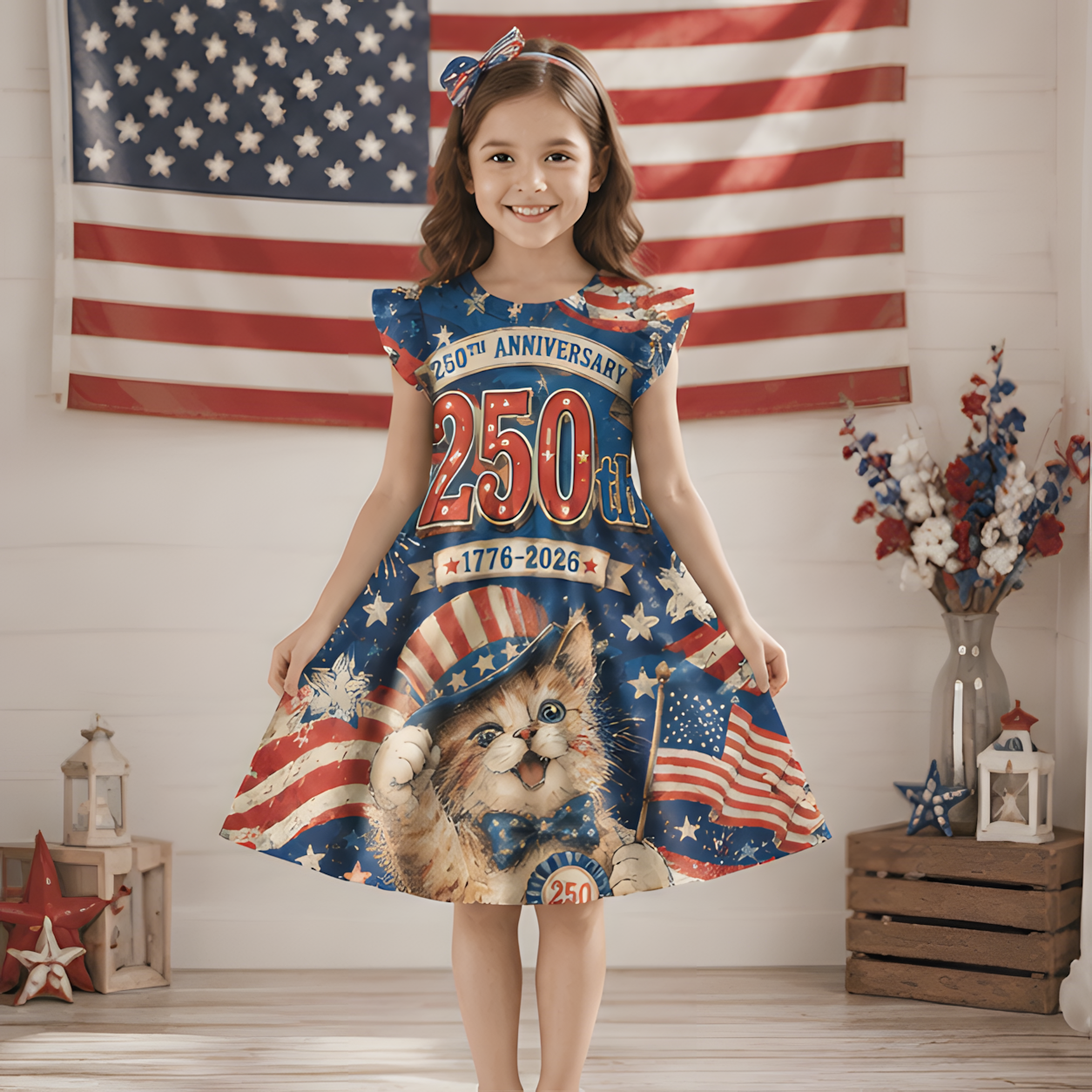 Personalized USA 250th Anniversary Eagle Flag Stars Vintage Patriotic Celebration Independence Day Coquette Ruffle Dress
