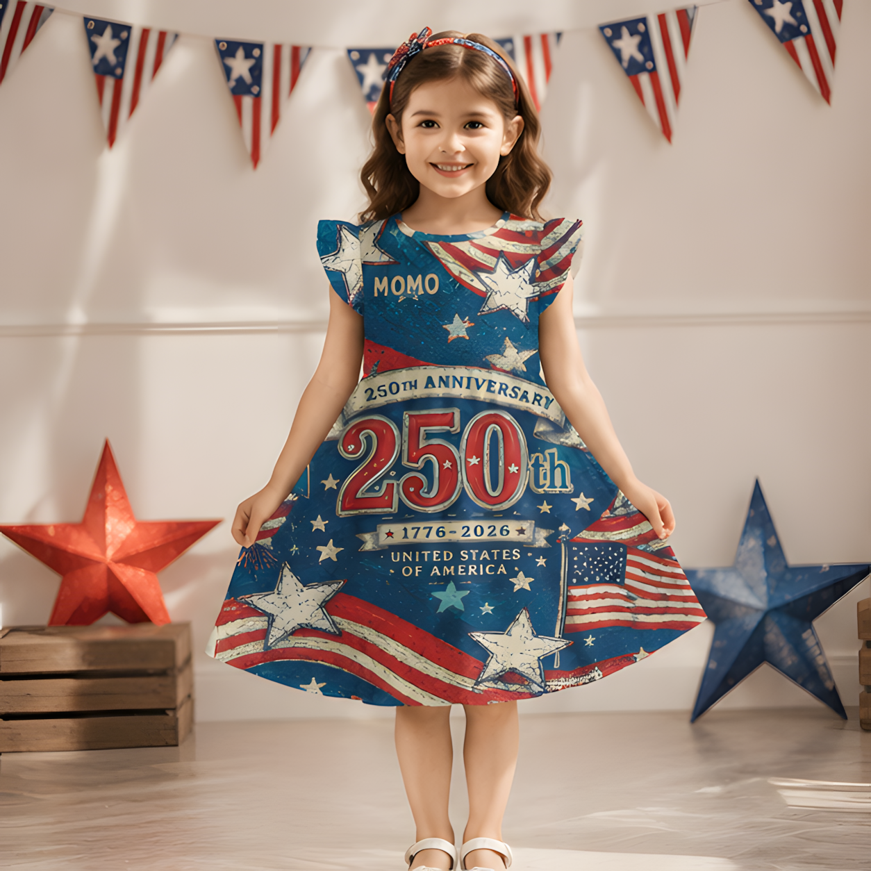 Personalized America 250 Years Bold Number Stars Stripes Fireworks Vintage Patriotic Independence Day Coquette Ruffle Dress