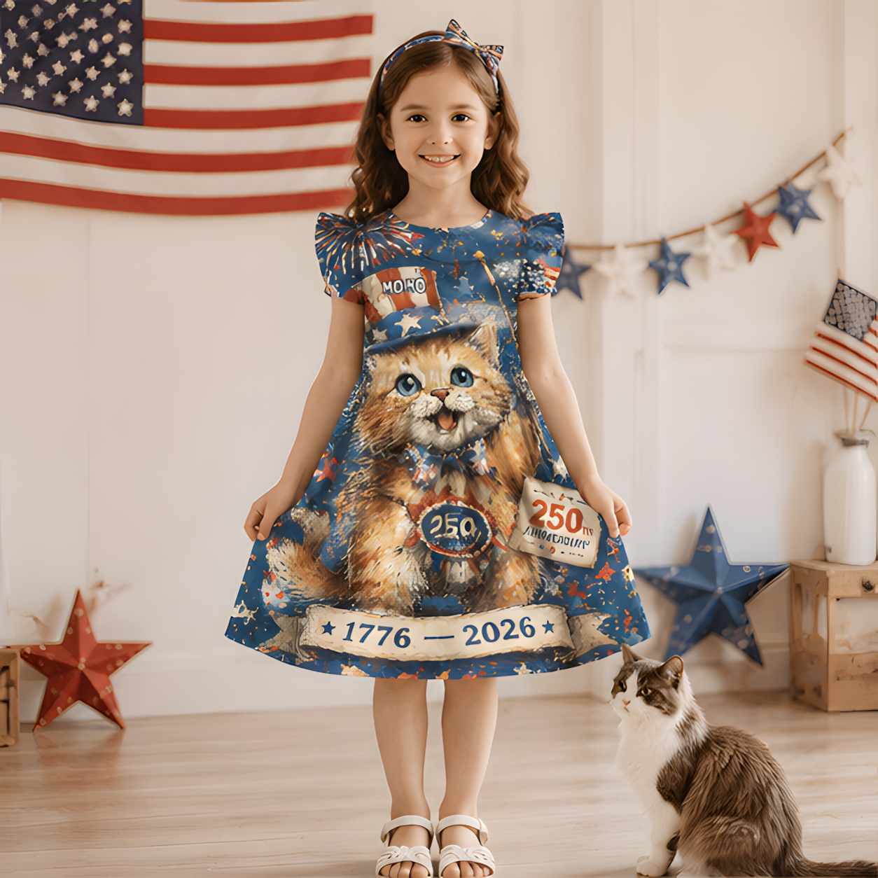 Personalized Custom Pet Photo America 250 Years Cat Dog Lover Patriotic 1776 2026 Independence Day Coquette Ruffle Dress