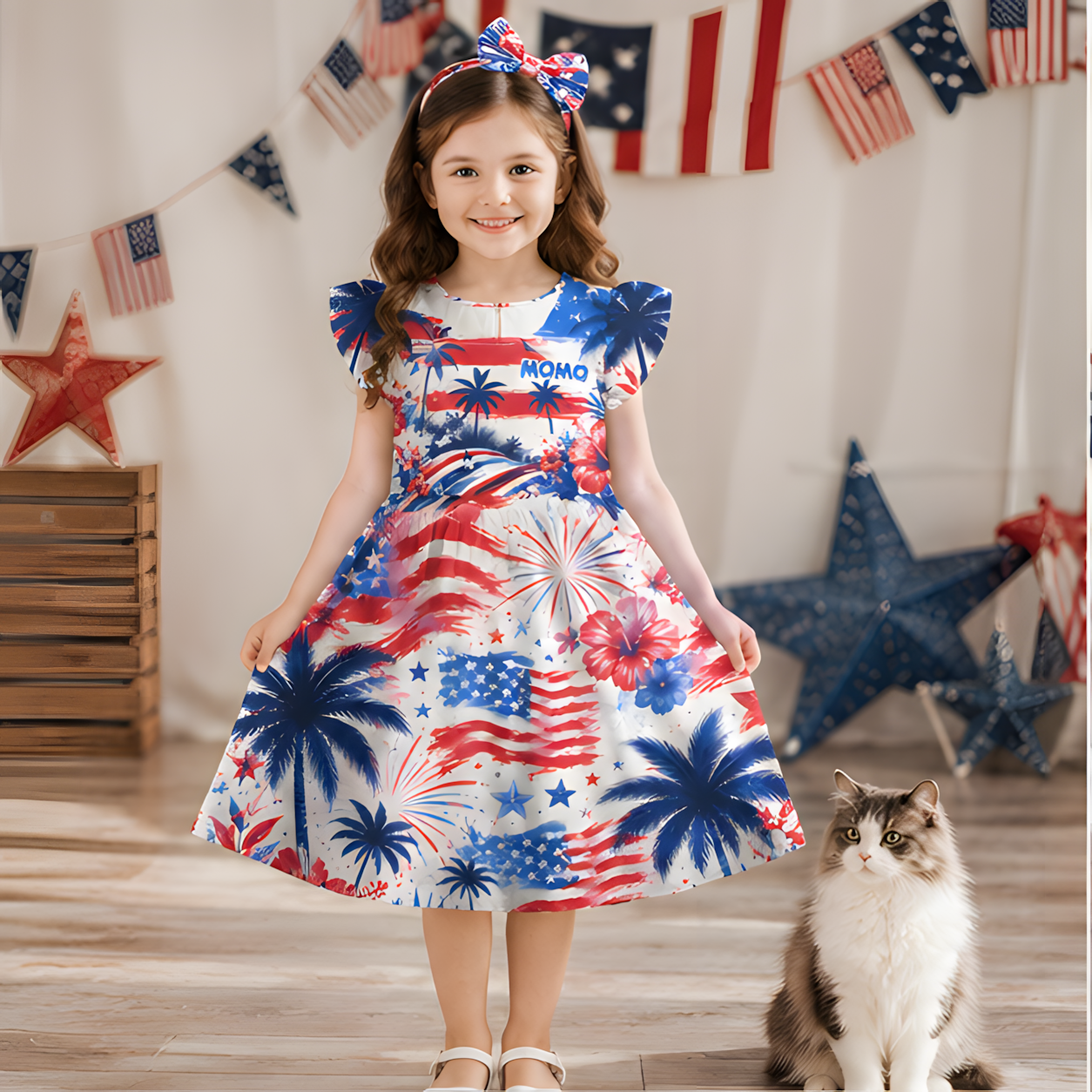 Personalized Red White And Blue Fireworks Stars Stripes Tie Dye Patriotic Fourth Of July Independence Coquette Ruffle Dress