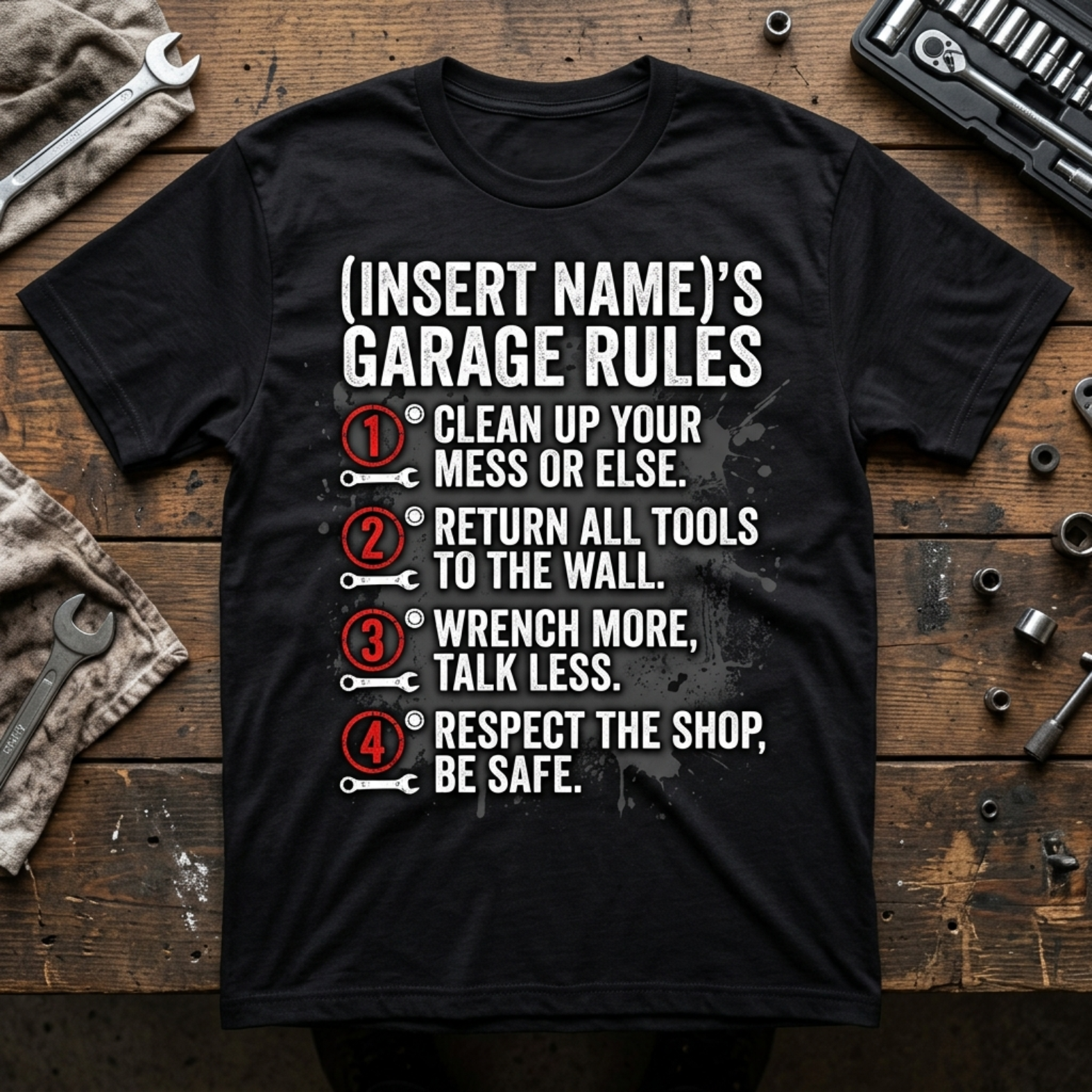 Personalized Garage Rules T-Shirt Custom Workshop Name Tee, Mechanic Garage Owner Gift for Car Lovers